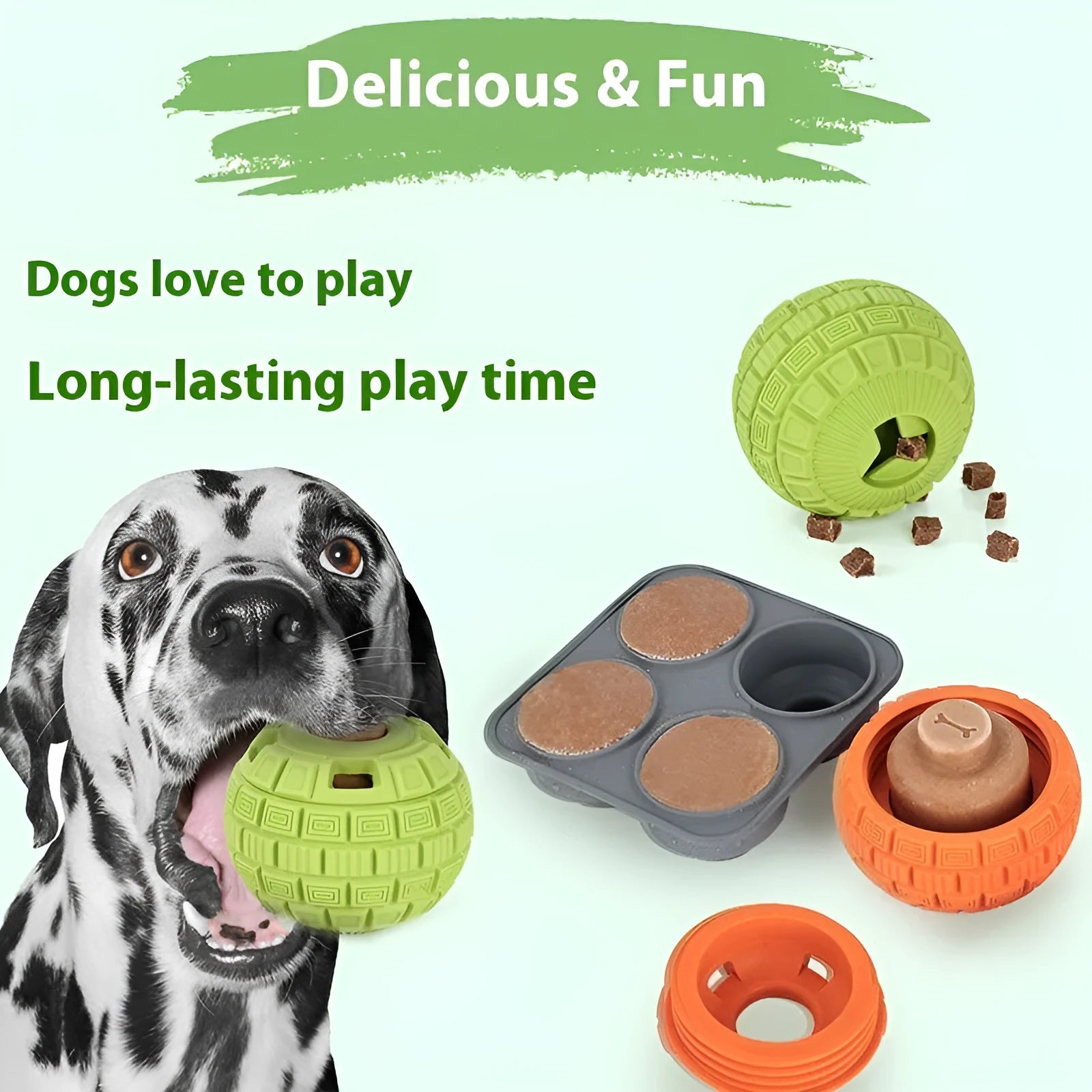 Green natural rubber dropping ball dog toy with hollow centre for treat dispensing