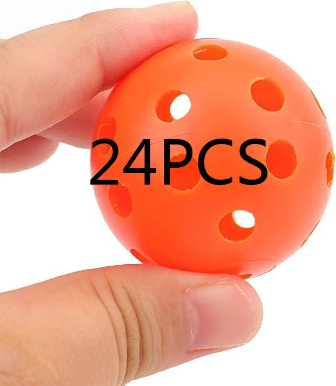 Multi-colour golf practice balls in red, orange, blue, green, white, and yellow shown in a net bag.