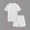 Men's apricot waffle texture short sleeve blouse and matching shorts laid flat.