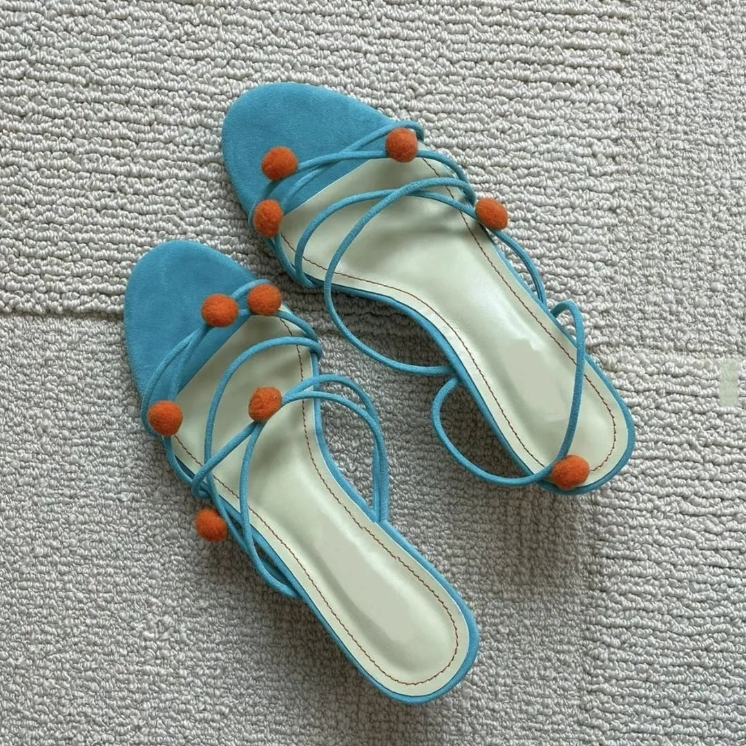 Cyan French genuine leather high-heeled sandals with niche ball lace-up design and open toe