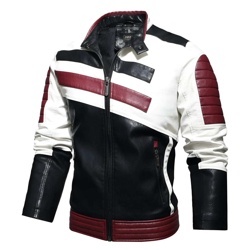 Men's stand collar bomber jacket with patchwork pattern, full zip, and pockets, available in Black, Blue, Red