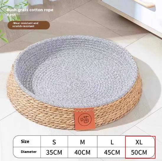 A woven rattan cat bed or cage, shown in one of four available sizes: S, M, L, or XL.