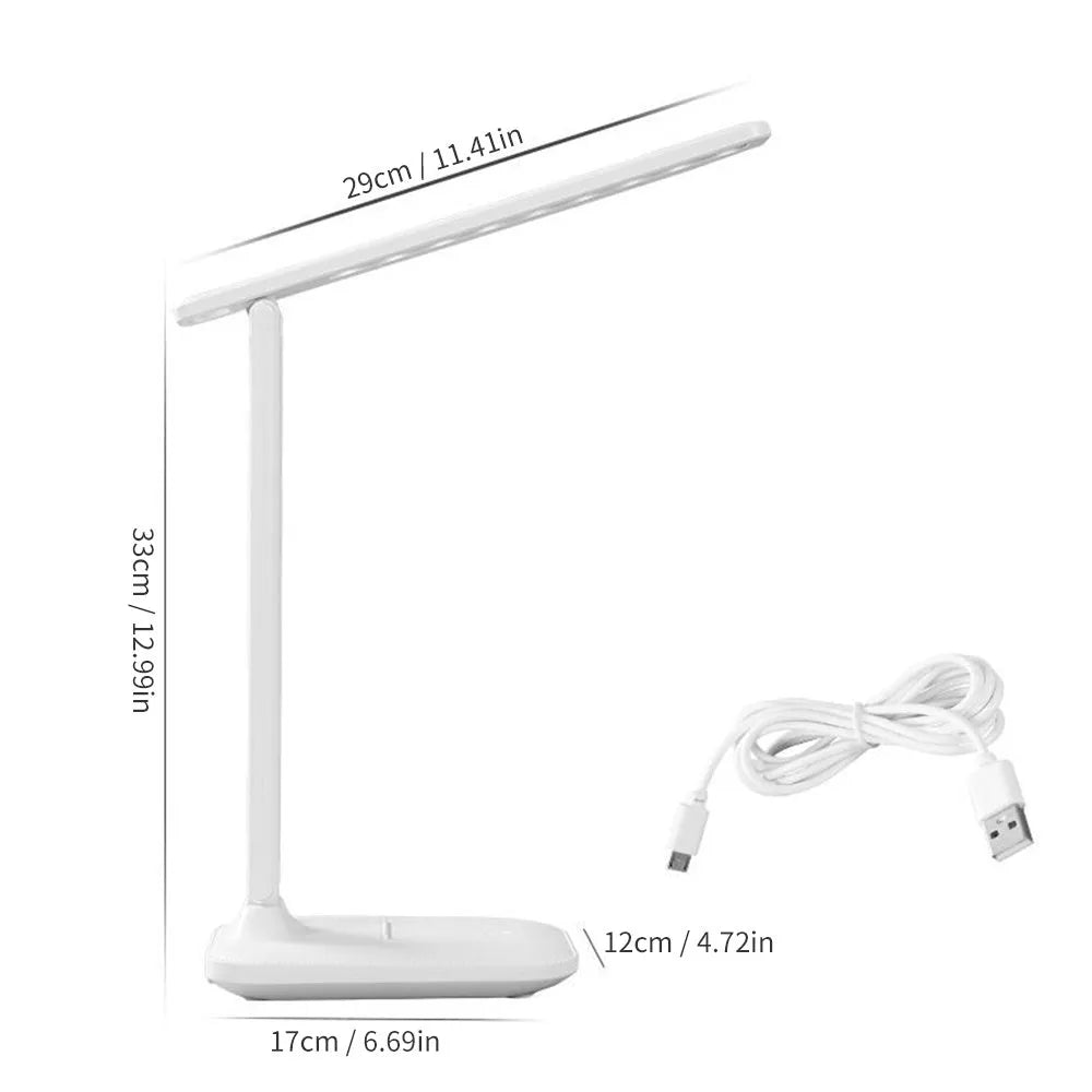 White plastic children's bedside lamp with touch dimming control and USB charging port.