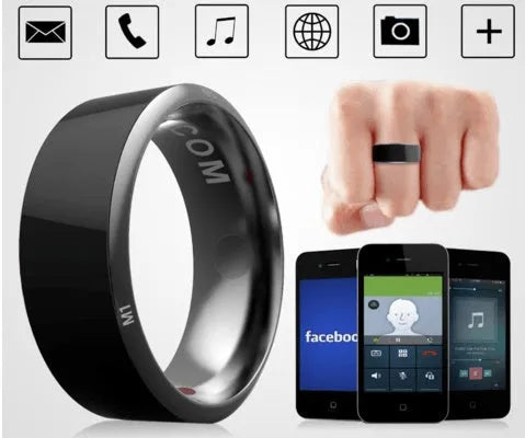 Black Android NFC smart ring with dimensions 22x22x7.9mm on a finger