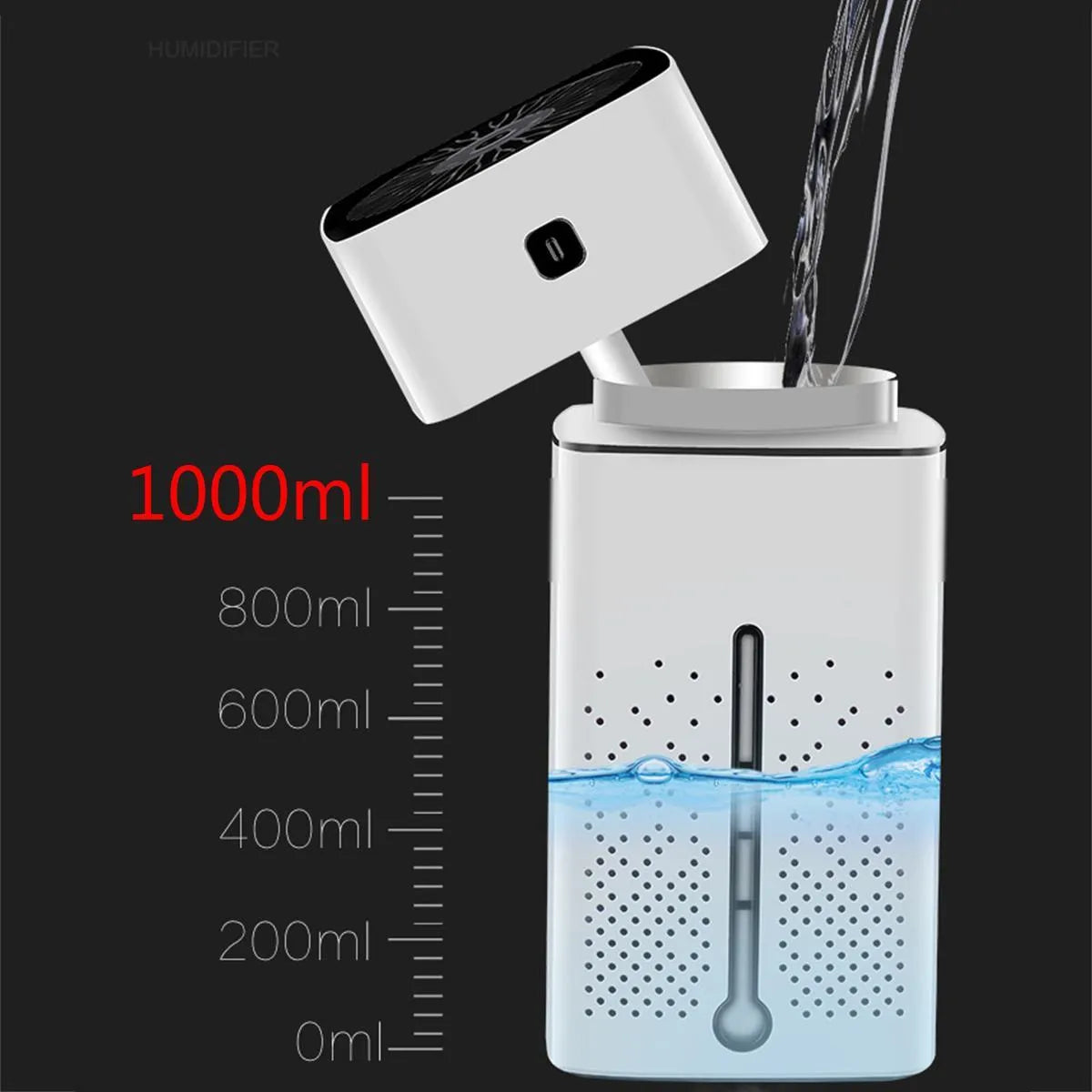 Black and white compact desktop humidifier with USB cable and 1000ml water tank.