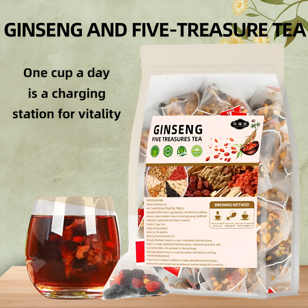 Ginseng Wubao tea bags with maca, mulberry, red dates and red goji in 5g or 10g packs