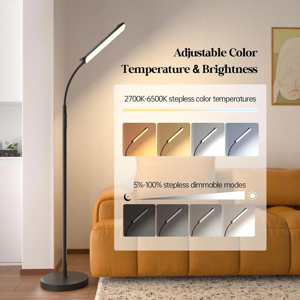 Simple modern LED floor lamp with remote control in white finish on wooden desk for reading