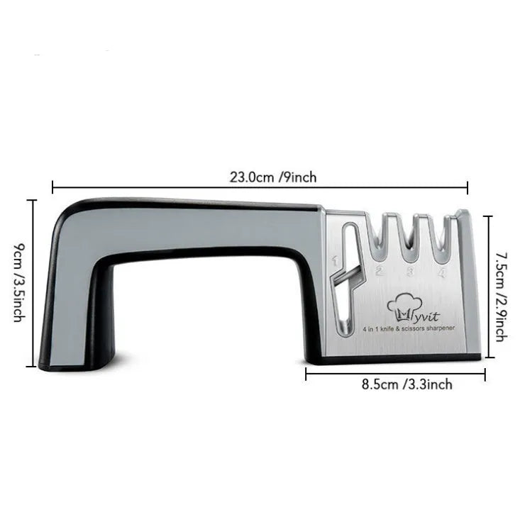 4-in-1 kitchen knife sharpener with TPR handle showing diamond, ceramic and tungsten steel grinding elements