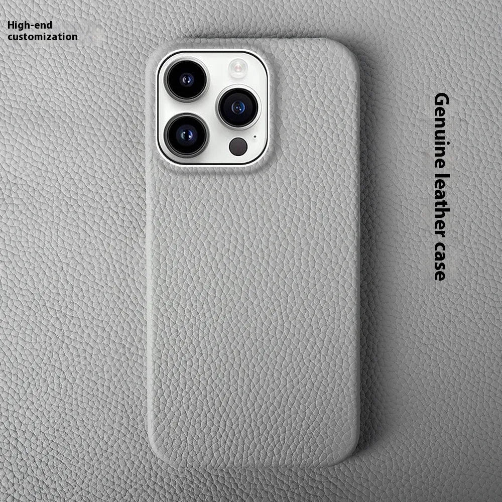 Handmade genuine leather half pack phone case for iPhone 16 series in orange, showing back and side coverage.