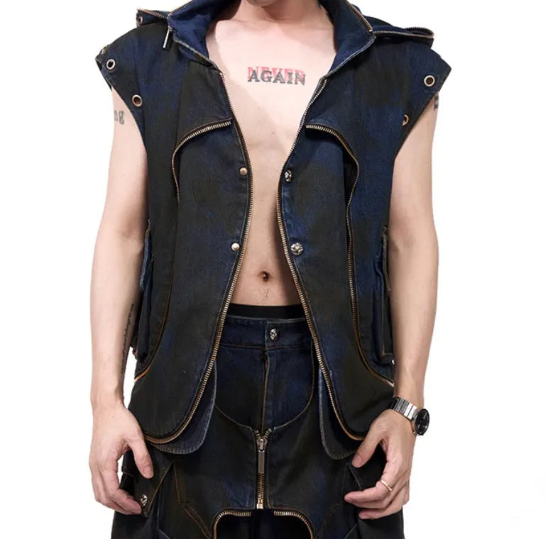 Blue hooded denim vest coat and matching trousers set in heavy industry style