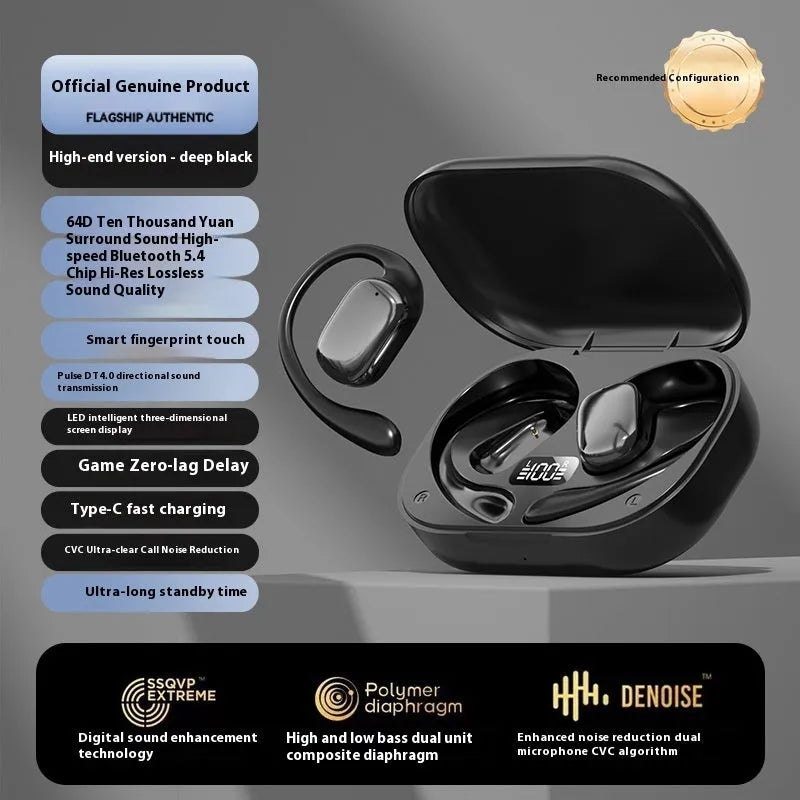 Ear-mounted wireless headphones with digital display screen in black colour option