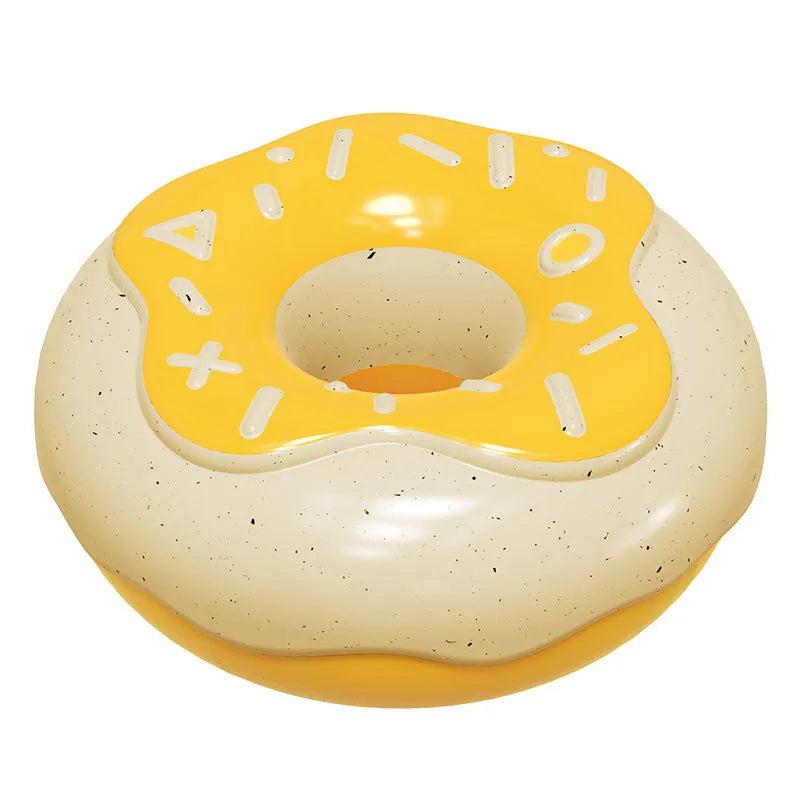 Pink, yellow, and chocolate ball coloured donut dog toy for molar teeth cleaning with sound feature.