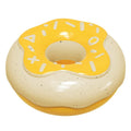 Pink, yellow, and chocolate ball coloured donut dog toy for molar teeth cleaning with sound feature.
