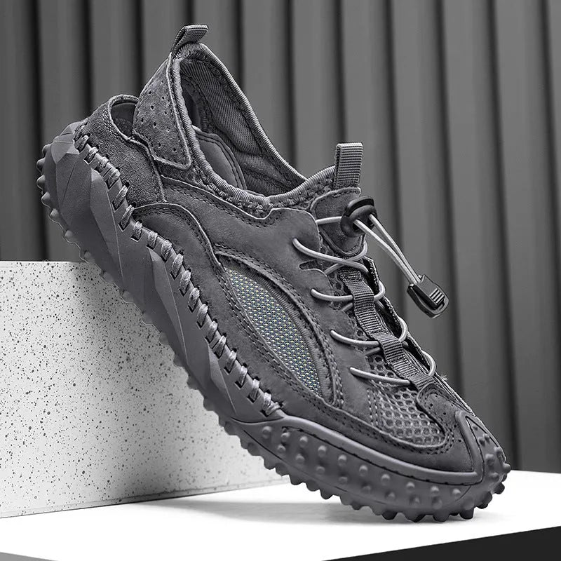 Men's black leather mesh waterproof sports sandals with a rubber sole and elastic band.