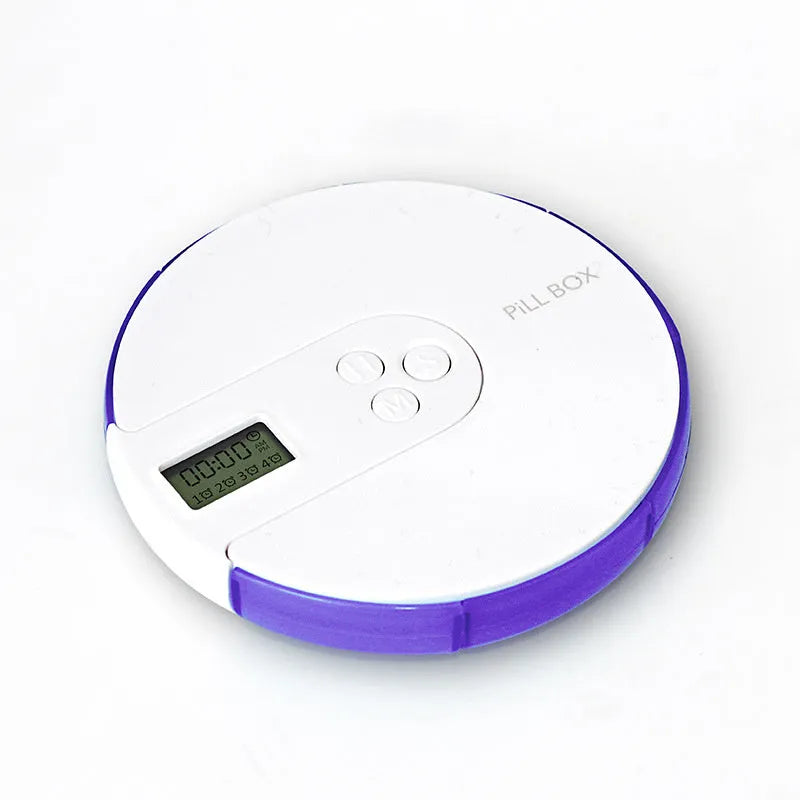 Blue seven-day alarm clock pill dispenser with digital display, showing daily compartments and measuring 11cm wide.