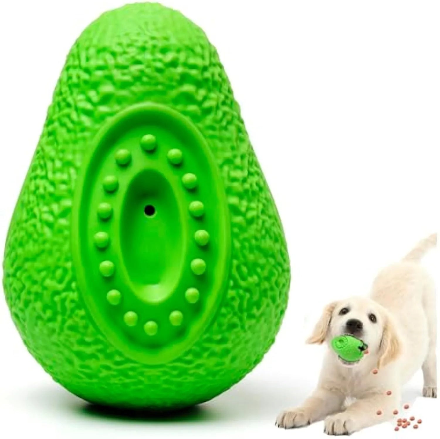 Green avocado-shaped heavy-duty rubber dog chew toy for aggressive chewers on a white background.