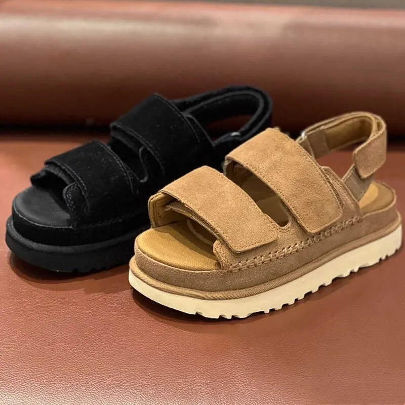 Women's maroon suede peep toe platform sandals with Velcro strap, shown from side view.