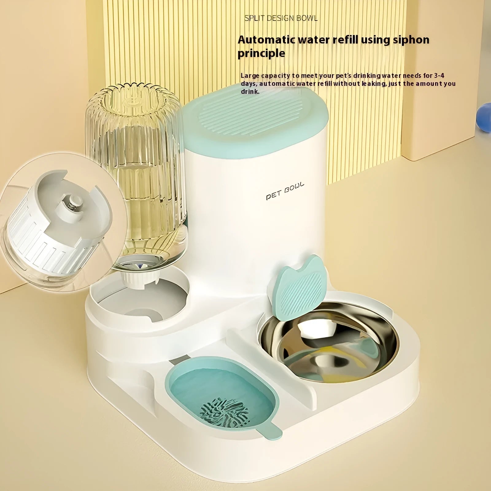 Automatic cat water fountain with two stainless steel food bowls attached, in avocado green colour.
