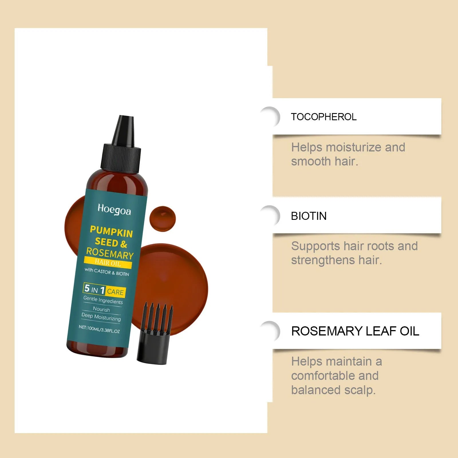 Rosemary hair care essential oil 100ml bottle with pointed applicator and hair comb