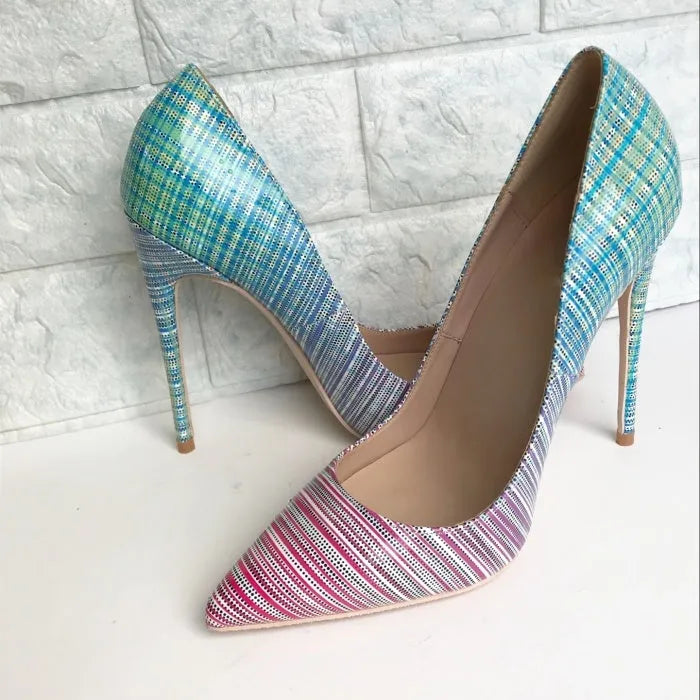 Women's pink-to-blue gradient patent leather high-heeled shoes with a pointed toe.