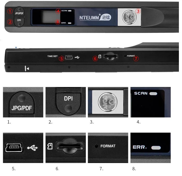 Small portable A4 document scanner with USB cable, 900DPI CIS scanning, compact size 255x33x25mm