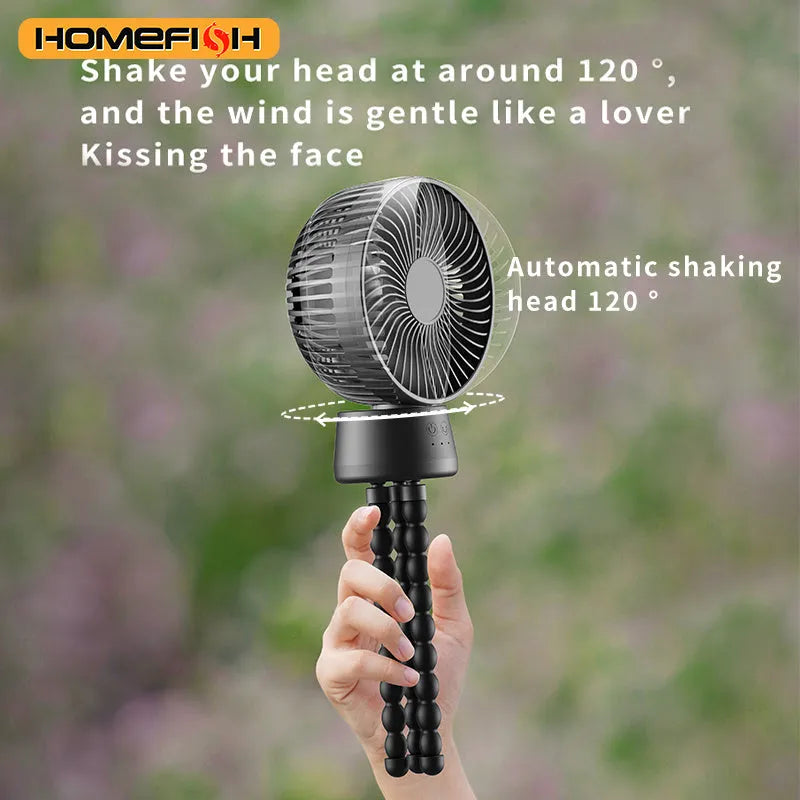 HOMEFISH F2 automatic shake head portable fan with LED light and removable bracket.