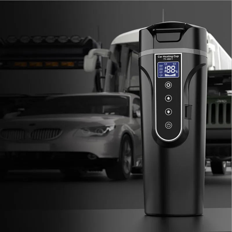 Black car electric heating cup with 400ml capacity, food grade 304 stainless steel inner lining, and power cord placed on a car seat