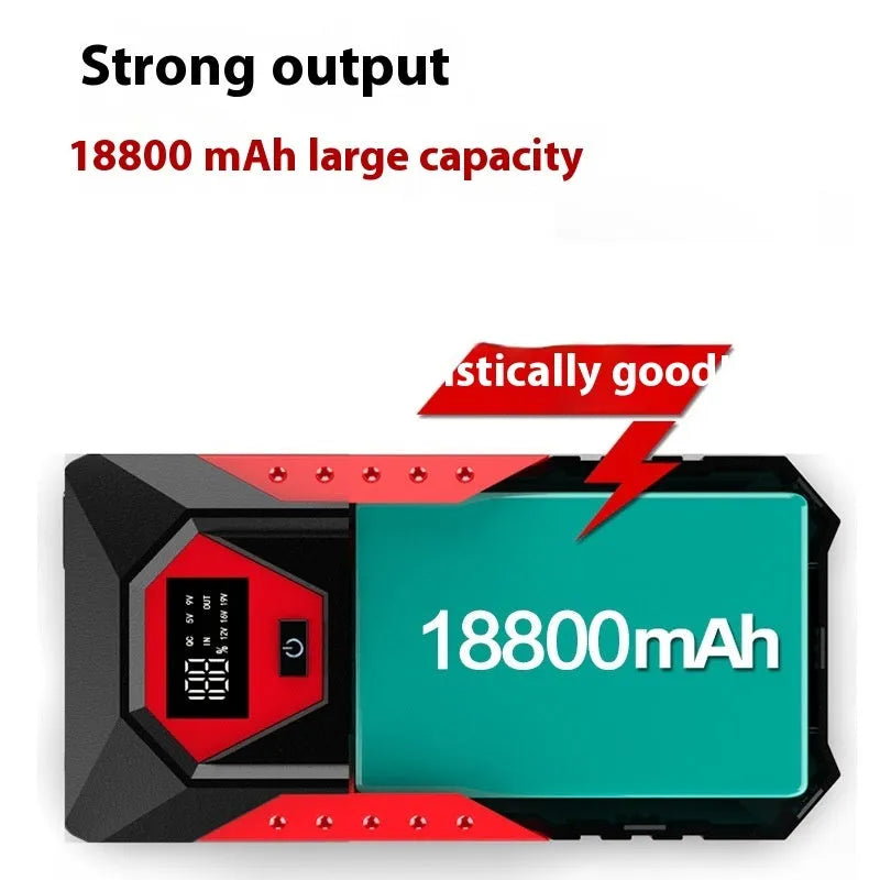 Red 12V car battery jump starter emergency power bank with battery clamps and cable
