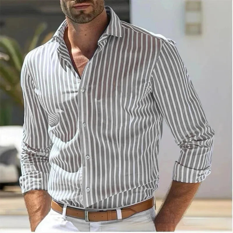 Men's slim fit striped long sleeve polyester shirt in youth fashion business commute style