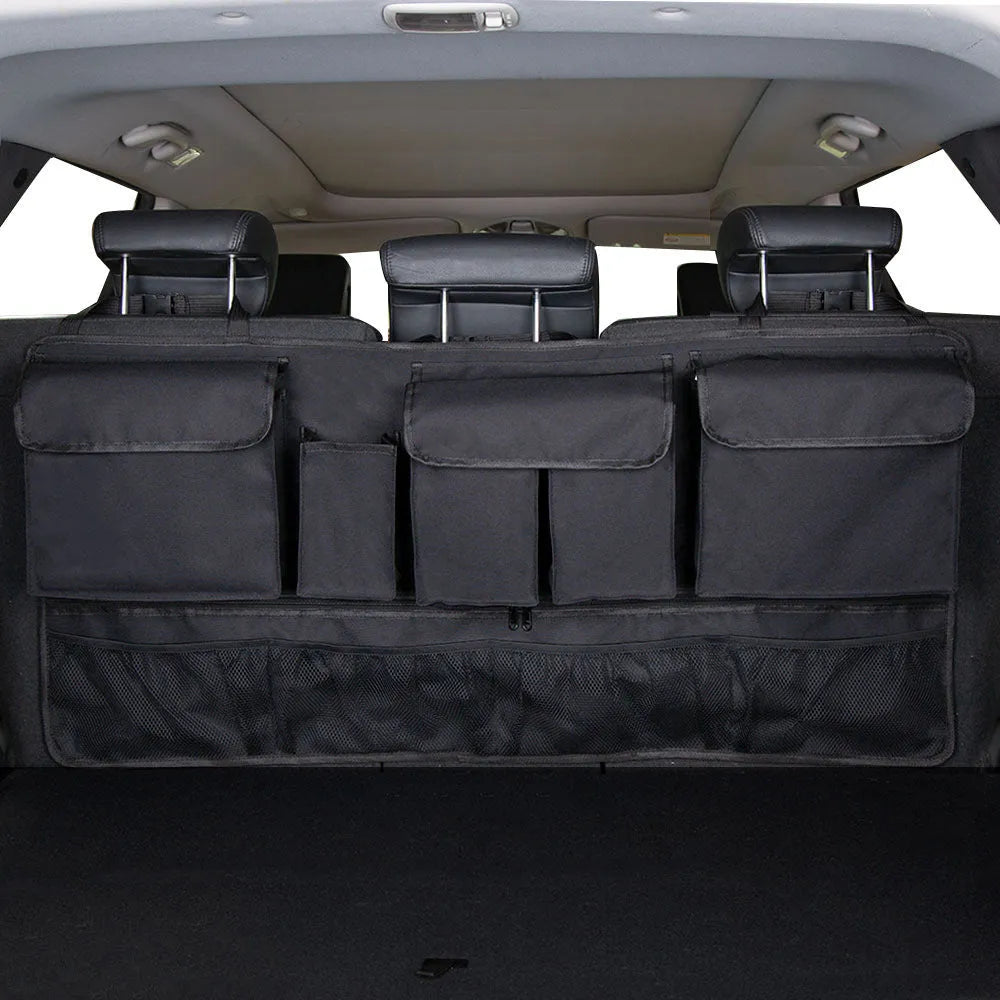 Black car boot hanging organiser bag with red piping, showing top handle and 45x40cm size.