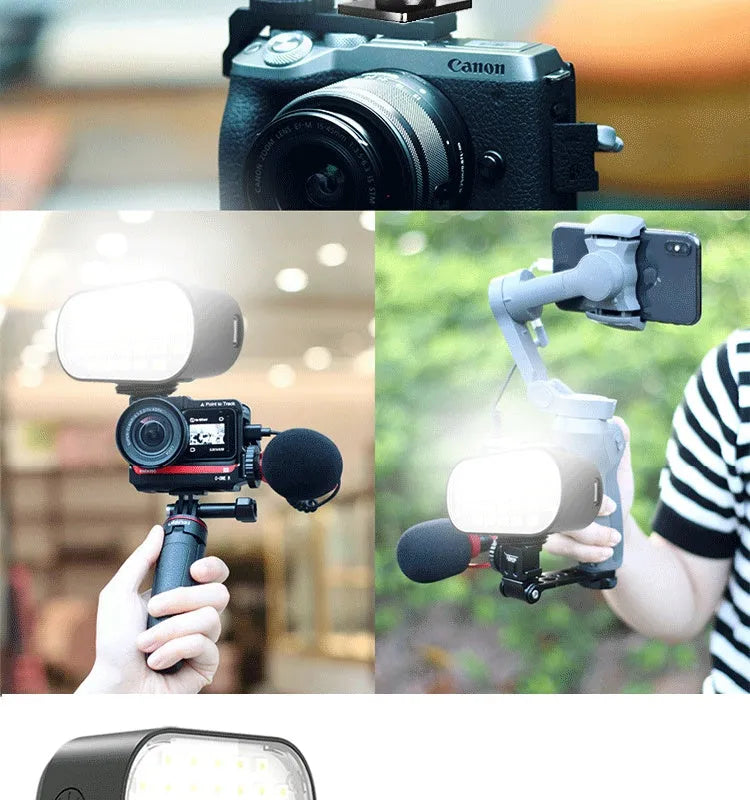 Black ST-30 mobile phone fill light with digital display and cold shoe mount for photography.