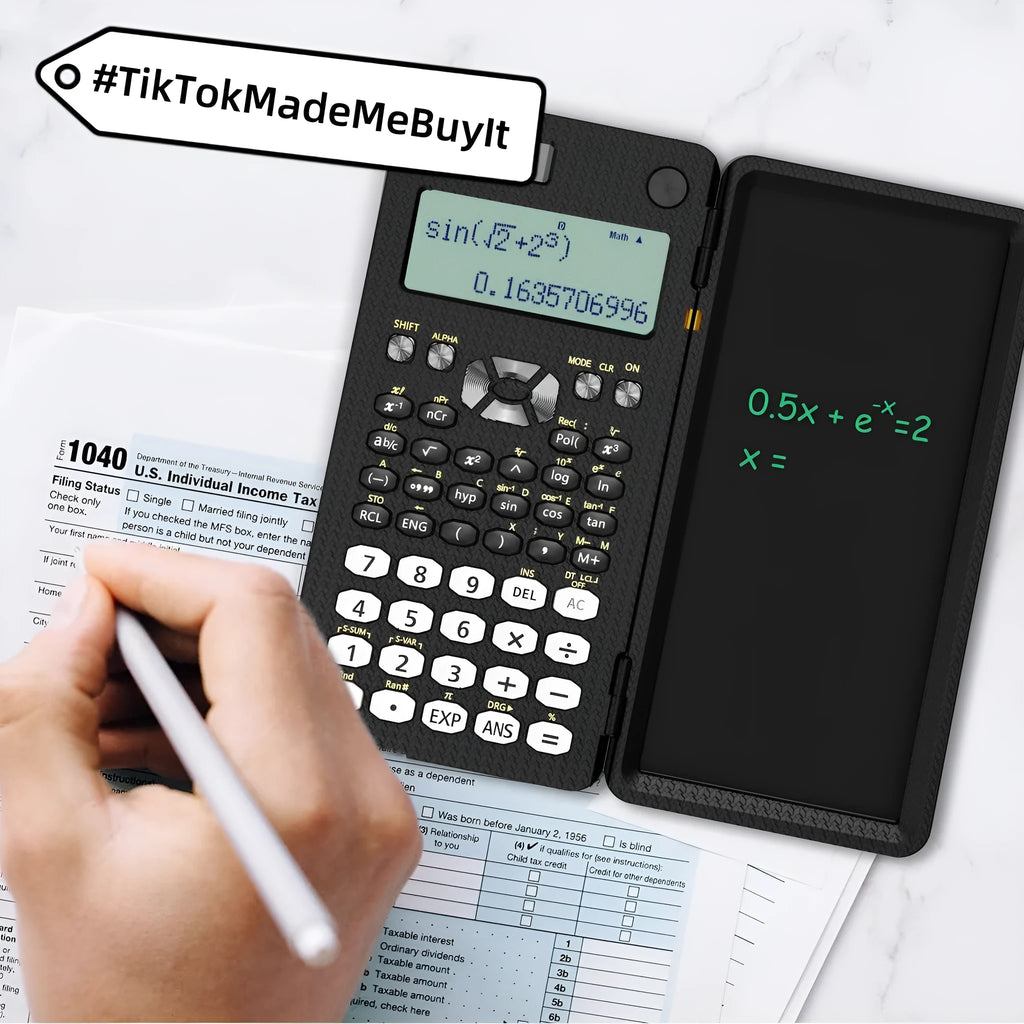 2-in-1 foldable scientific calculator with handwriting tablet in black ABS, showing LCD notepad and calculator keys