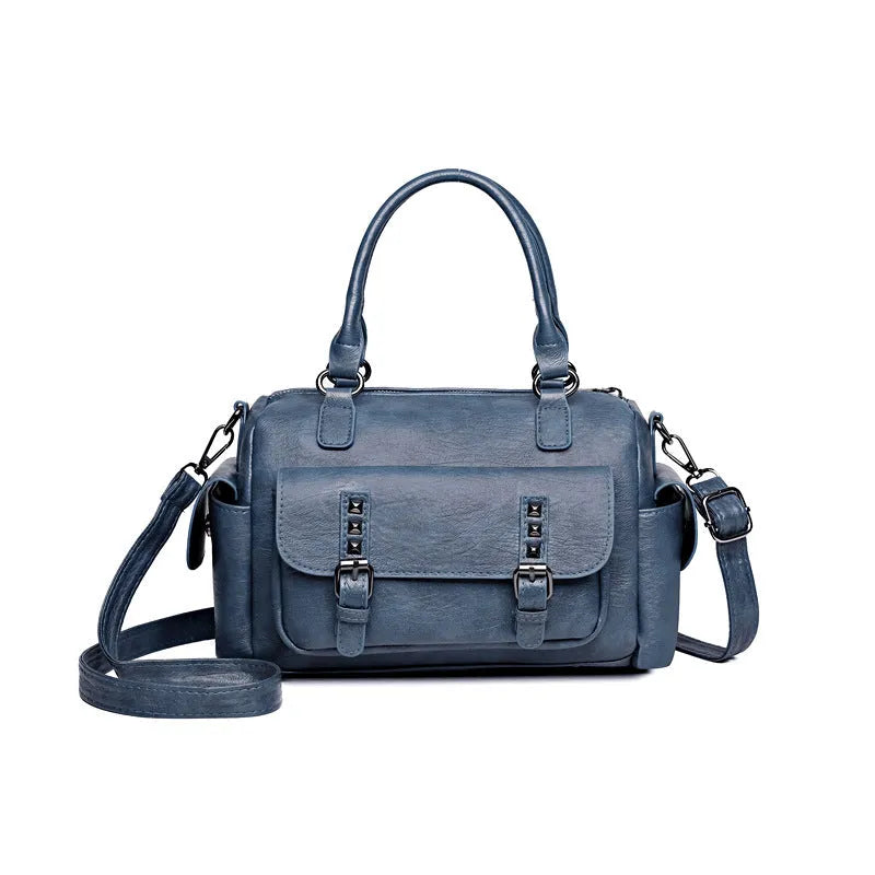 Vintage style messenger bag in PU leather, shown in a horizontal square shape with contrast stitching.