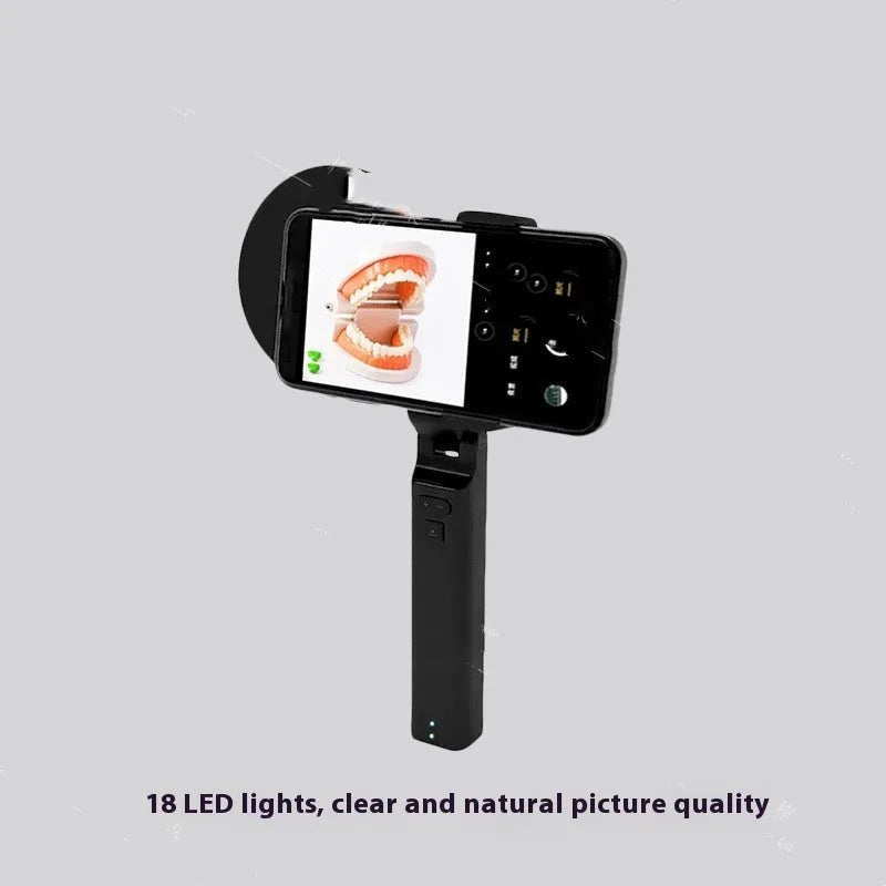 Black portable handheld LED fill light for mobile phone photography with adjustable brightness settings