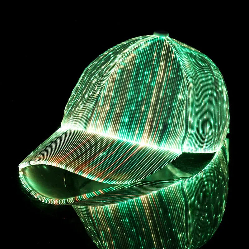 Luminous baseball cap with optical fiber fabric, dome crown, black colour, side view showing light glow