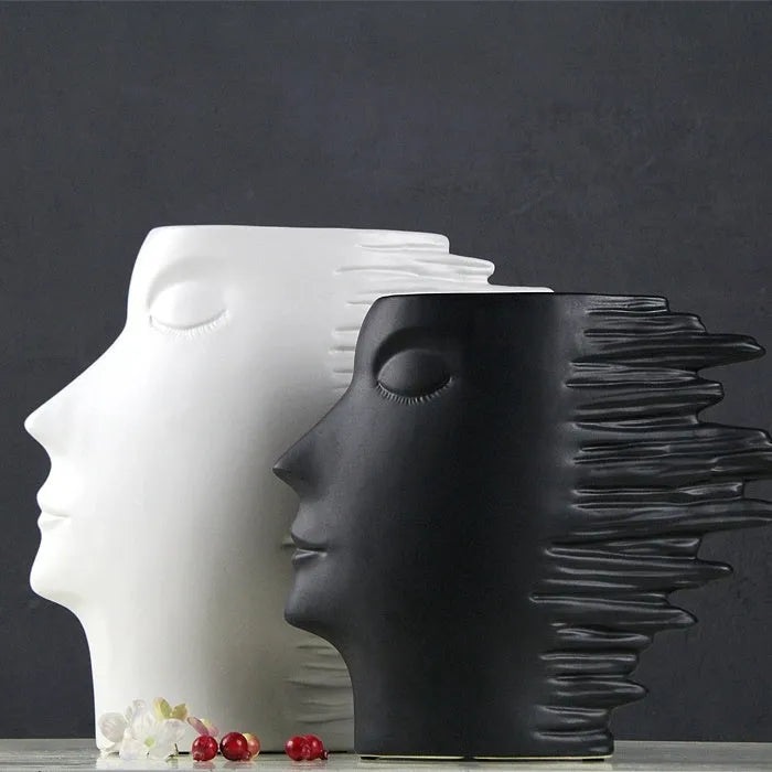 Nordic porcelain head ornament vase with matte finish, shown in black or white as a hanging decoration.