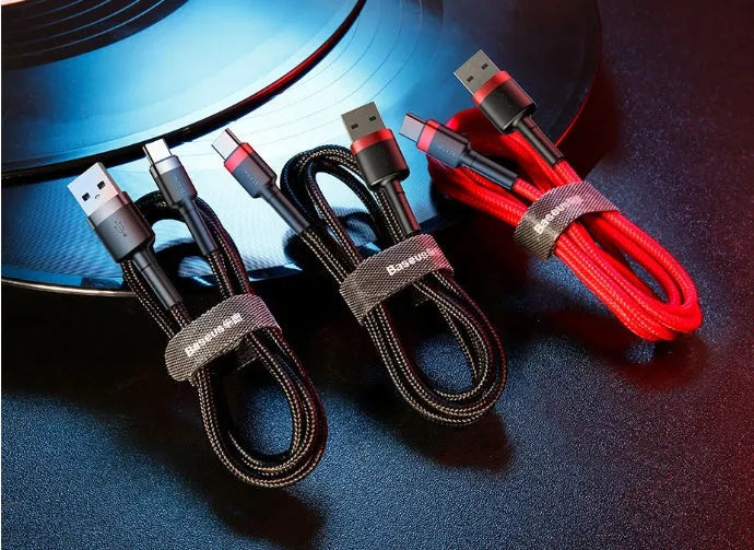 Grey black woven braided Android Micro USB charging and data cable shown at different lengths.