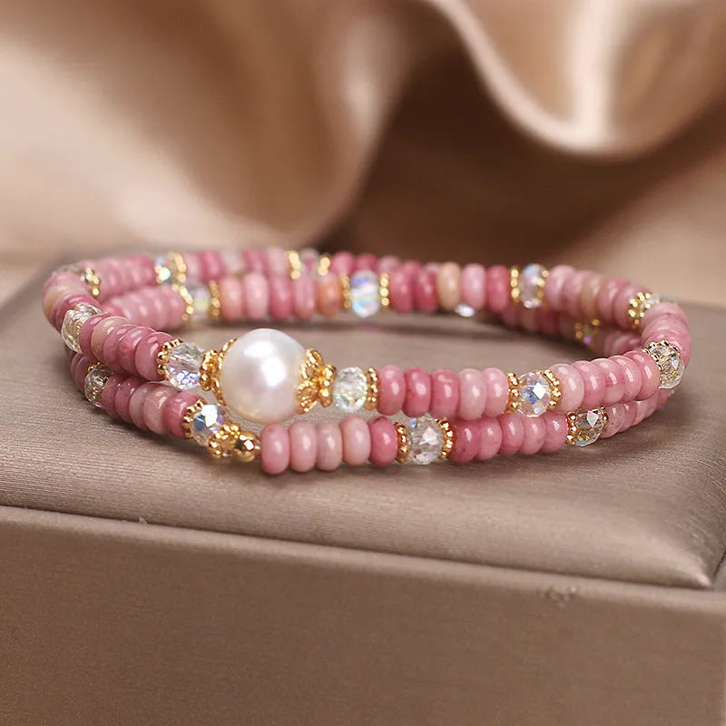 Red hair crystal bracelet for women with chalcedony lotus seedpod pendant and imitation pearl double circle design