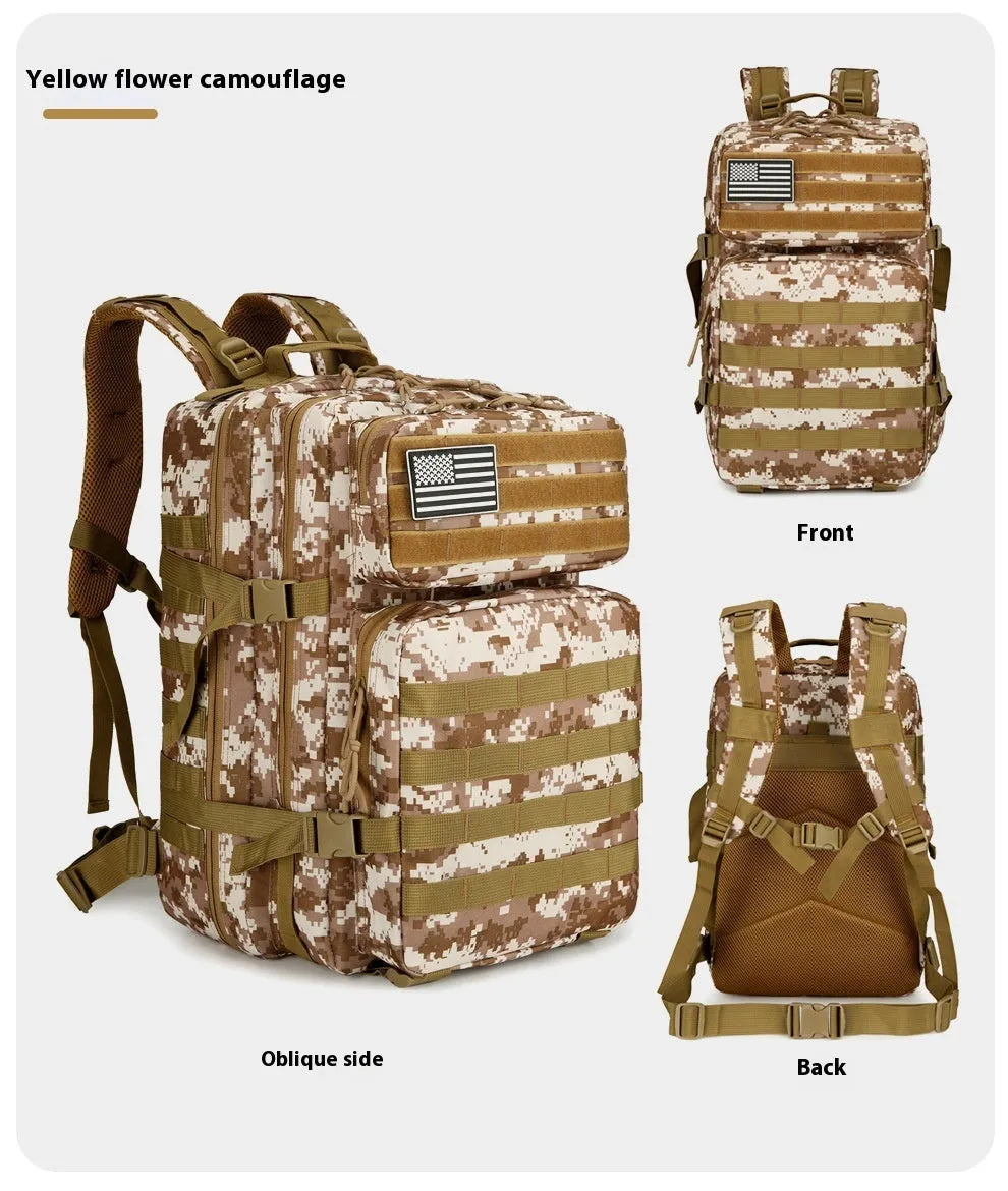 Large capacity waterproof travel backpack in camouflage oxford cloth, 56-75L, 48 x 31 x 31cm, army green and black options.