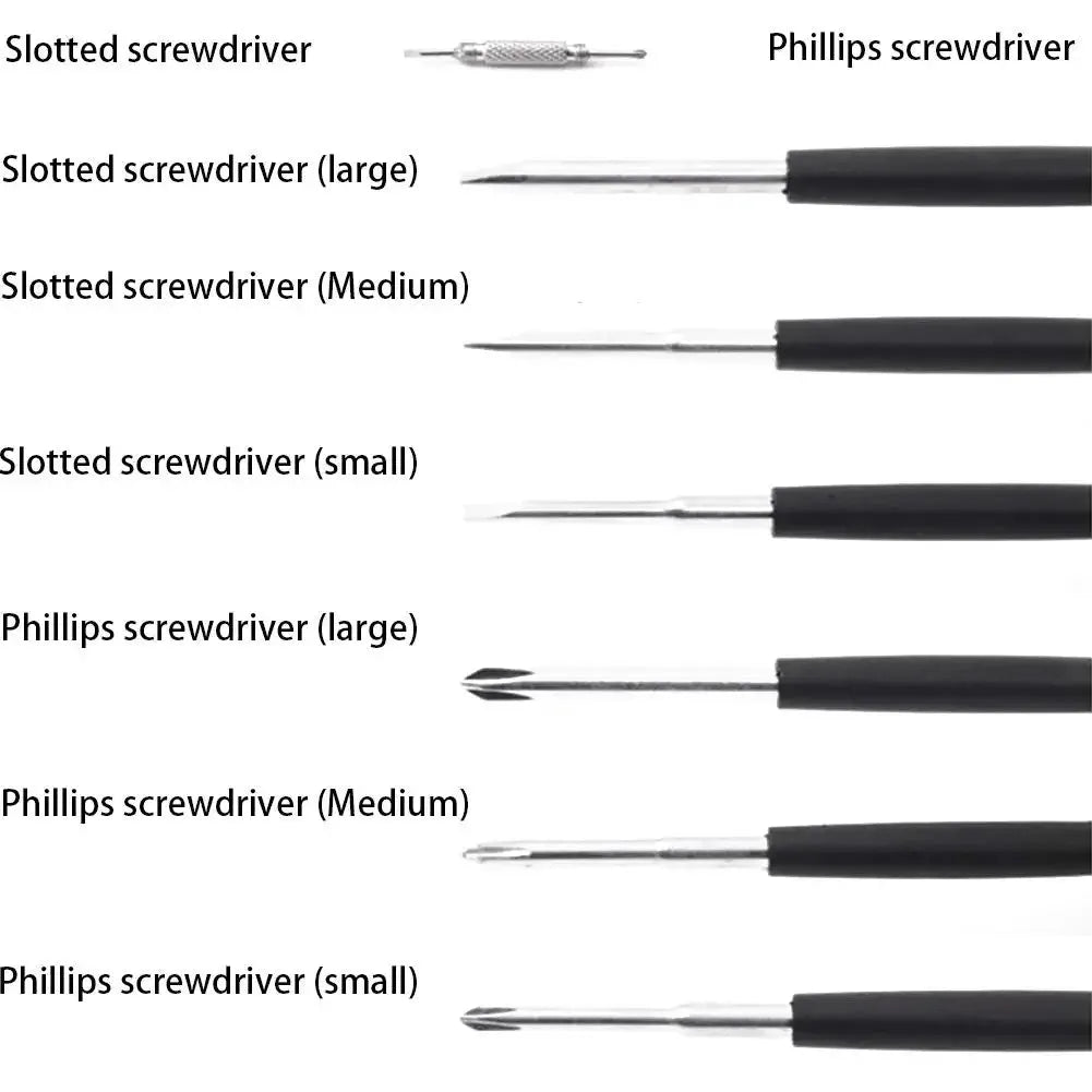8-in-1 screwdriver with LED flashlight, magnetic bits, and stainless steel body on a workbench