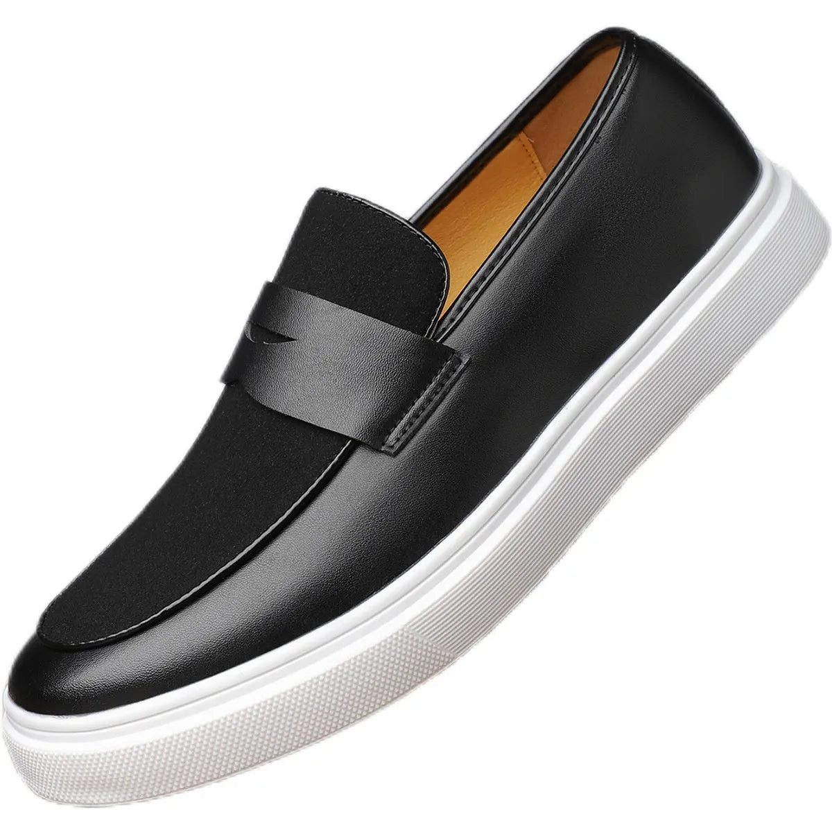 Black men's slip-on casual shoes with tassel detailing and a round toe