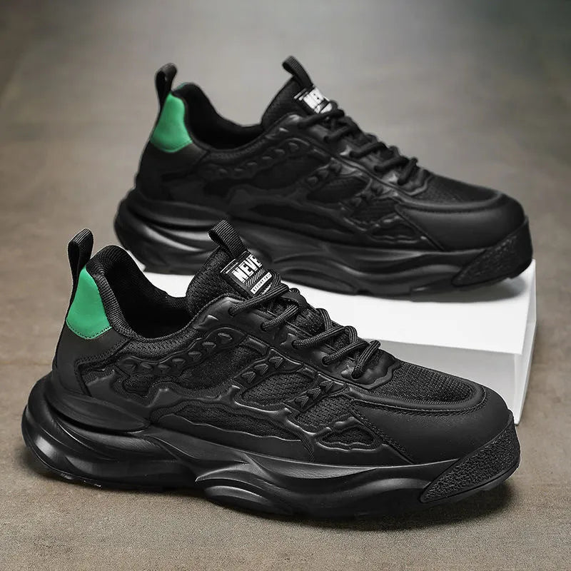 Men's breathable PU mesh shoes in S078 Black colour with round toe design for sports and leisure