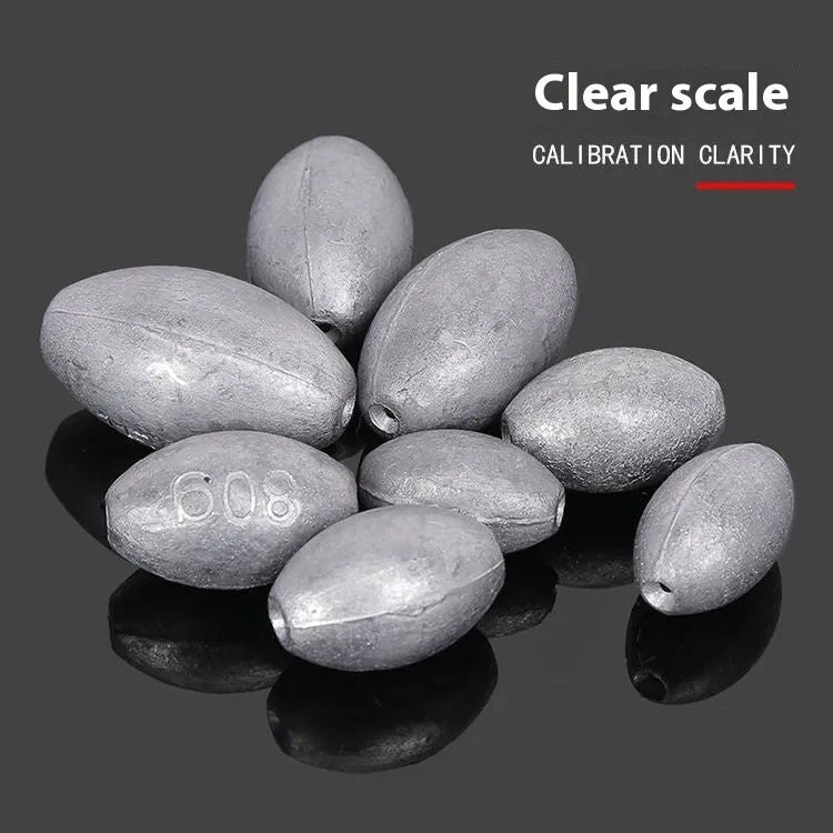 Scaled olive lead fishing sinker with Tongxin plastic core in rugby shape.
