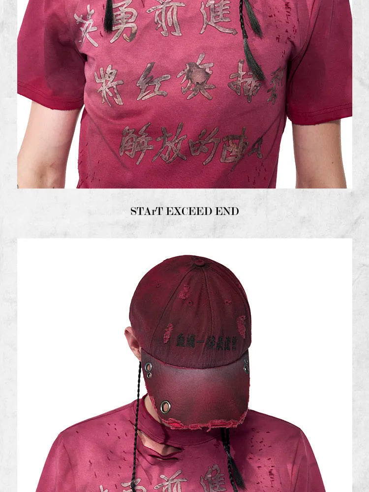 Rose red distressed peaked baseball cap with adjustable back strap and spray-painted vintage finish