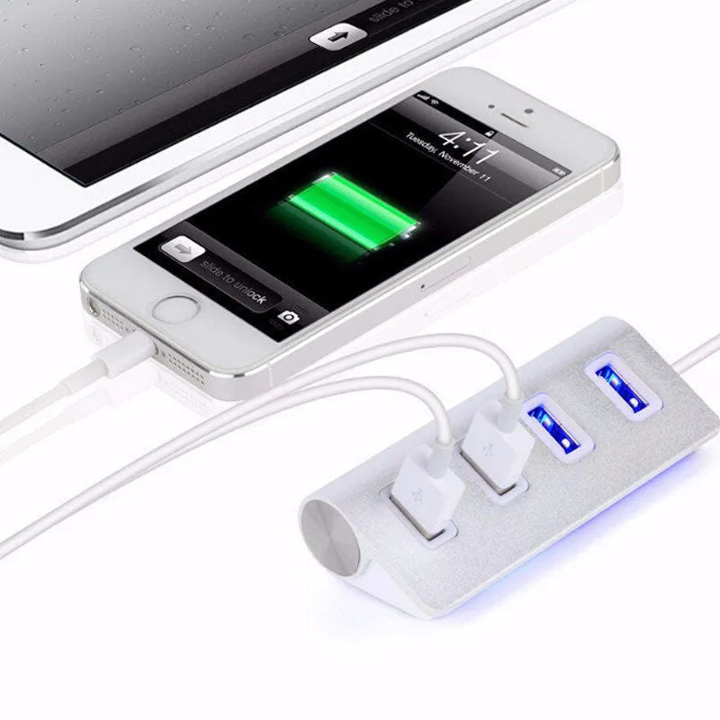 Silver USB-C to 4-Port USB 2.0 hub with aluminium alloy body on white background