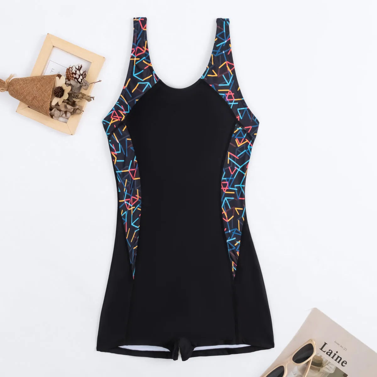 Printed one-piece bikini shorts jumpsuit in black, slim quick-drying swimwear for women