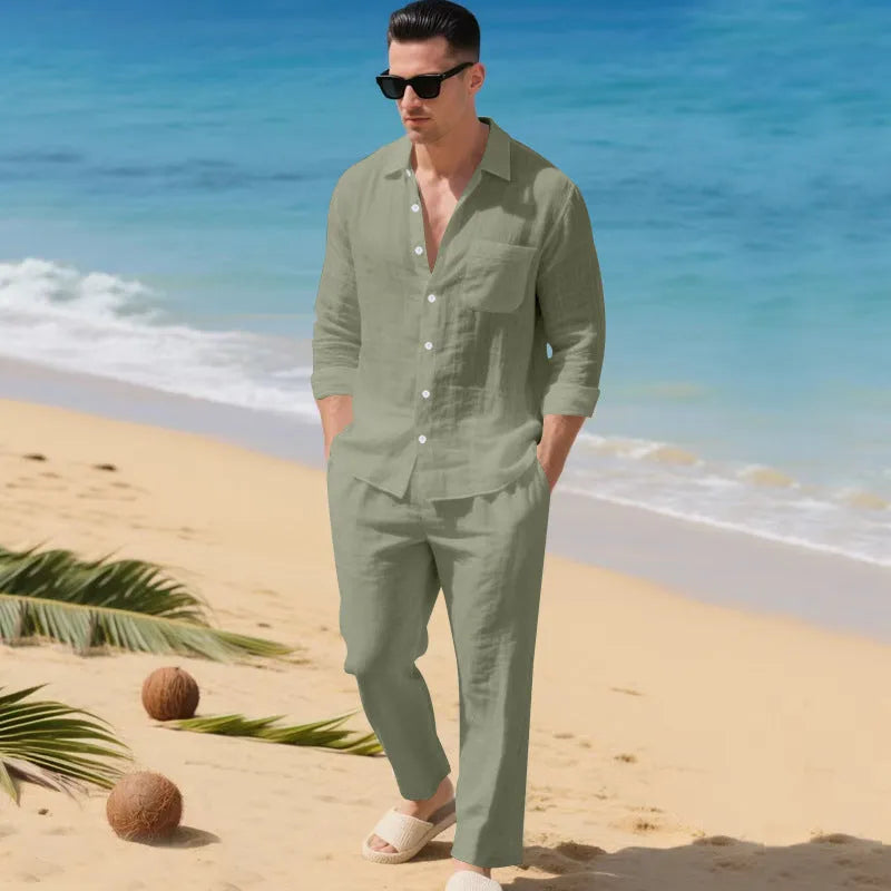 Beach Leisure linen blend casual shirt and pants set in khaki, loose collar long sleeves, autumn wear