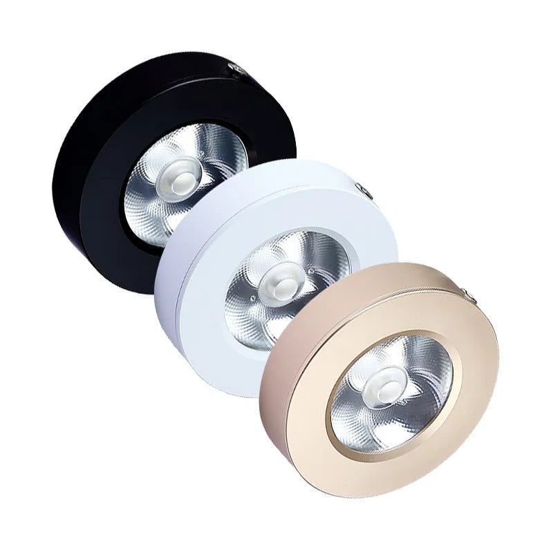 Ultra-thin LED surface mounted downlight with aluminium alloy shell, available in black, gold or white, 75mm to 125mm