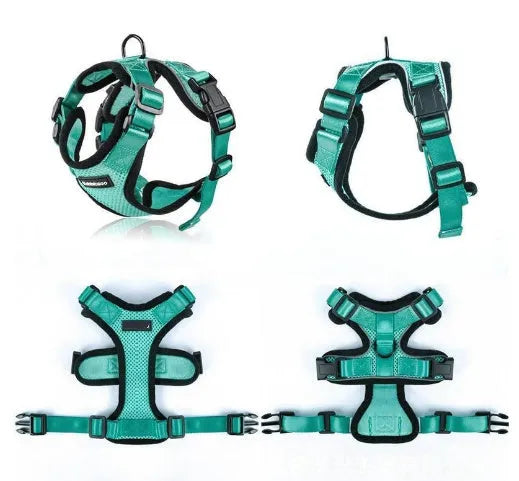 Escape proof cat vest harness in black with reflective trim and car seat belt adapter leash