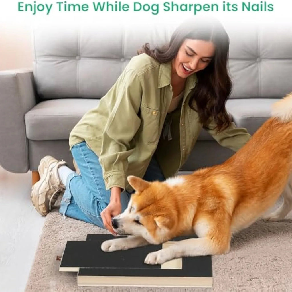 Wooden dog nail scratch board with treat drawer and four non-slip pads on a floor.